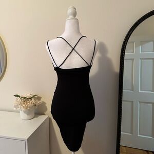 Black Bodycon Mini Dress | Open Back Criss Cross | Stretchy Night Out Dress (S)